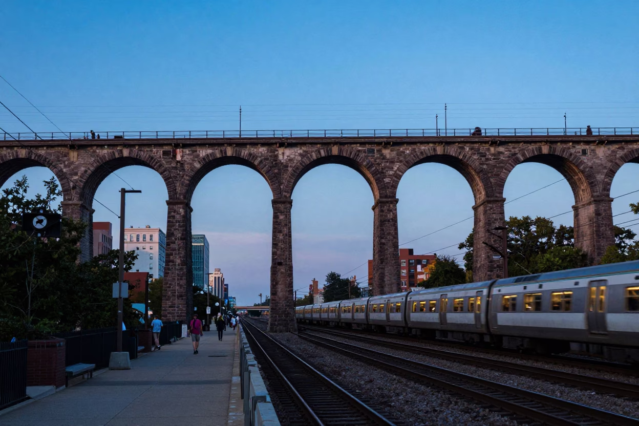 Chicago Blue Hour Railway Viaduct Arches with Passing Train and Urban Street Scene in in Chicago, Illinois, United States