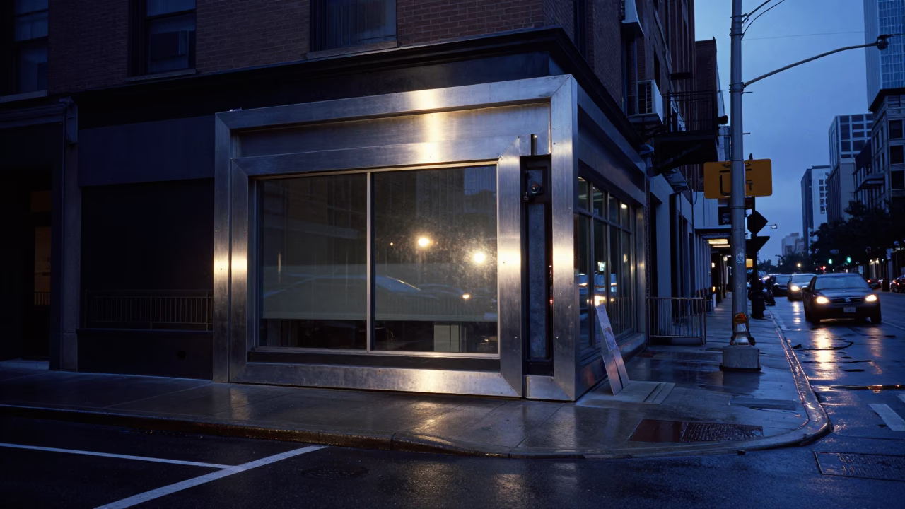 Chicago Blue Hour Street Scene with Brushed Steel Frame and Urban Lights in in Chicago, Illinois, United States