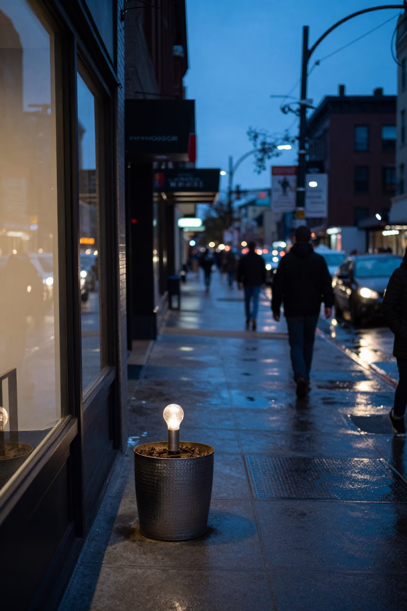 Chicago Blue Hour Street Scene with Bulb Planter and Hammered Metal at Downtown Intersection in in Chicago, Illinois, United States