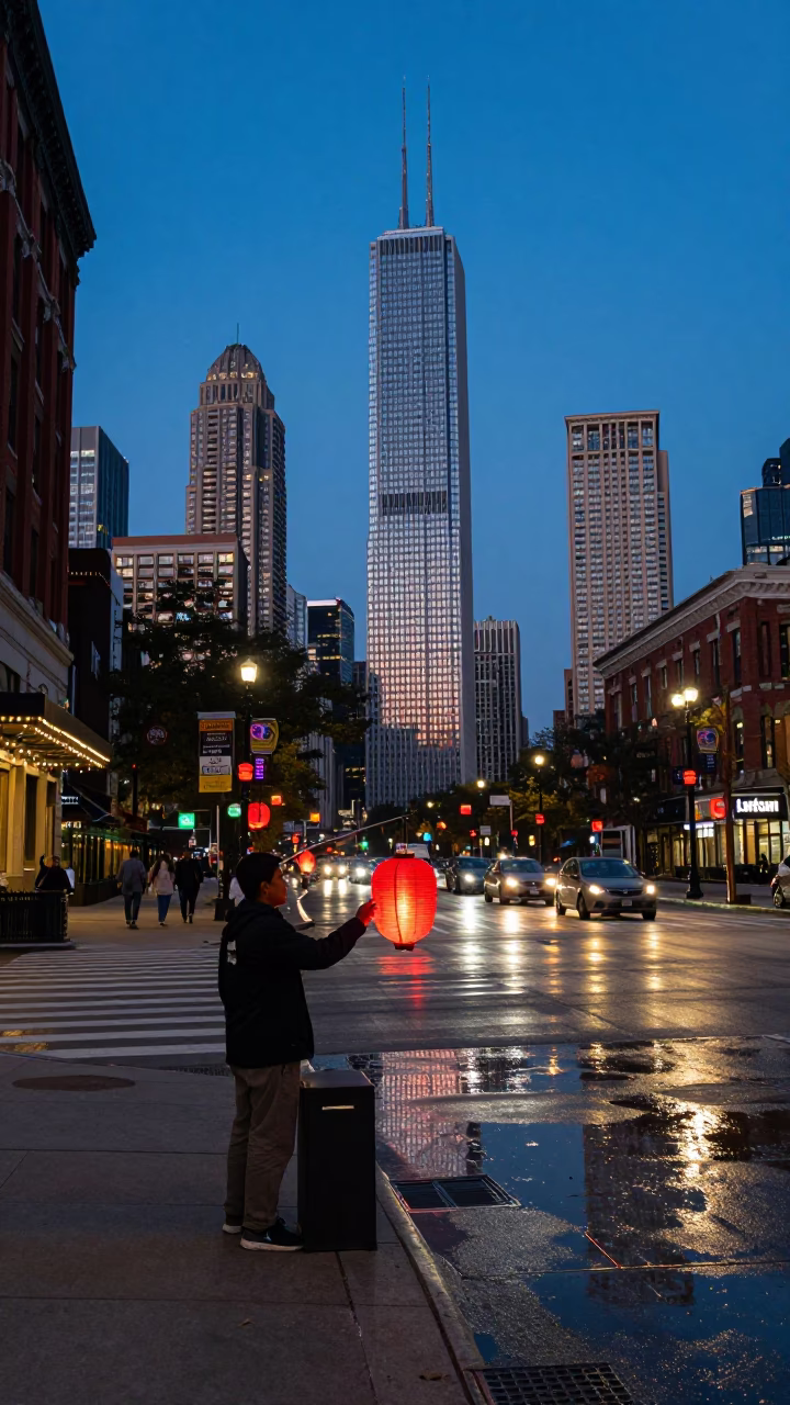 Chicago Blue Hour Street Scene with Colorful Lantern and Urban Reflections in in Chicago, Illinois, United States