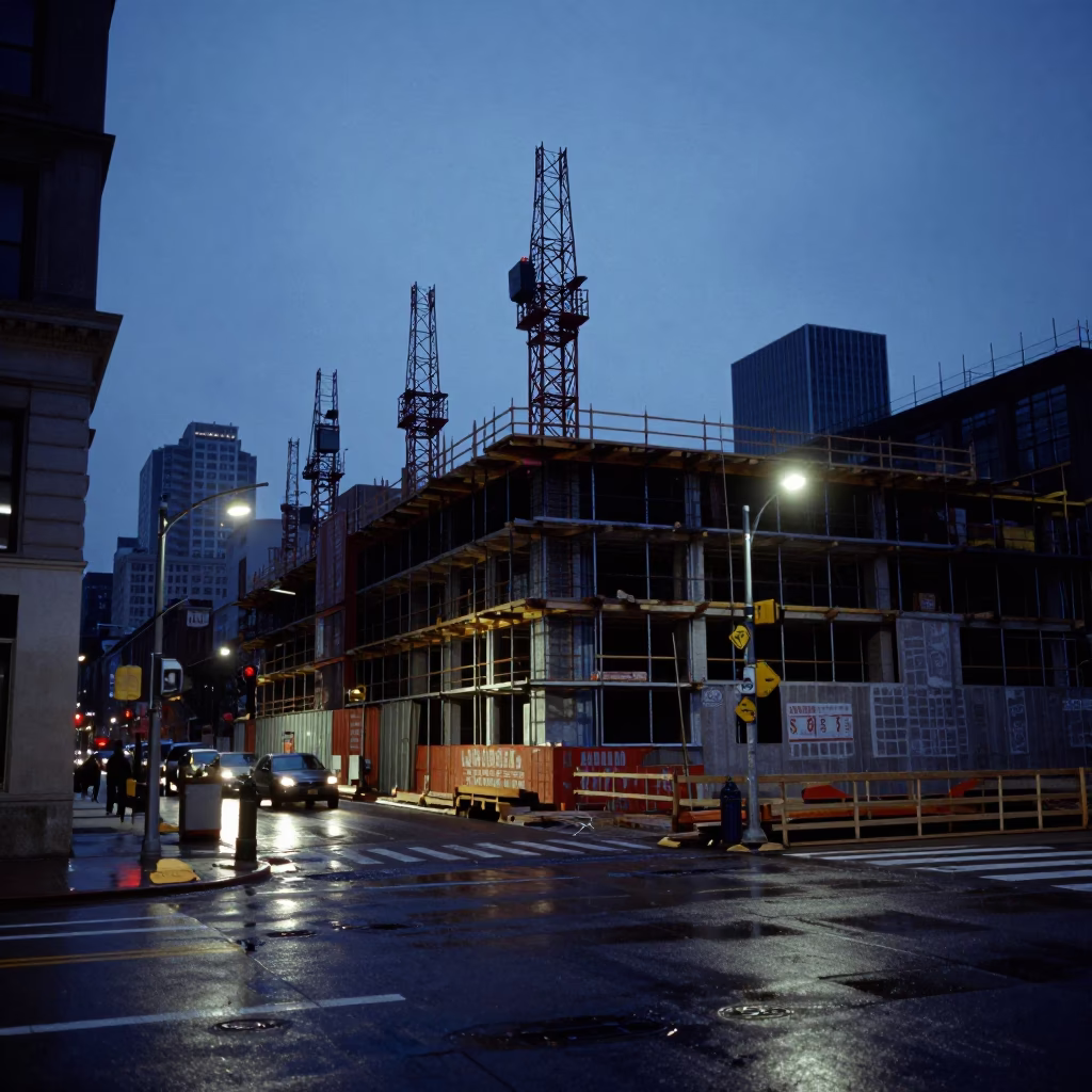 Chicago Blue Hour Street Scene with Construction and Urban Details in in Chicago, Illinois, United States