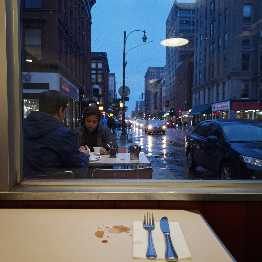 Chicago Blue Hour Street Scene with Cutlery and Tea Stains on Diner Table in in Chicago, Illinois, United States