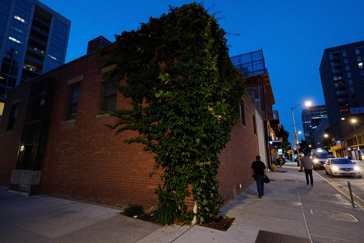 Chicago Blue Hour Street Scene with Ivy Brick Wall and Construction Mixer in in Chicago, Illinois, United States