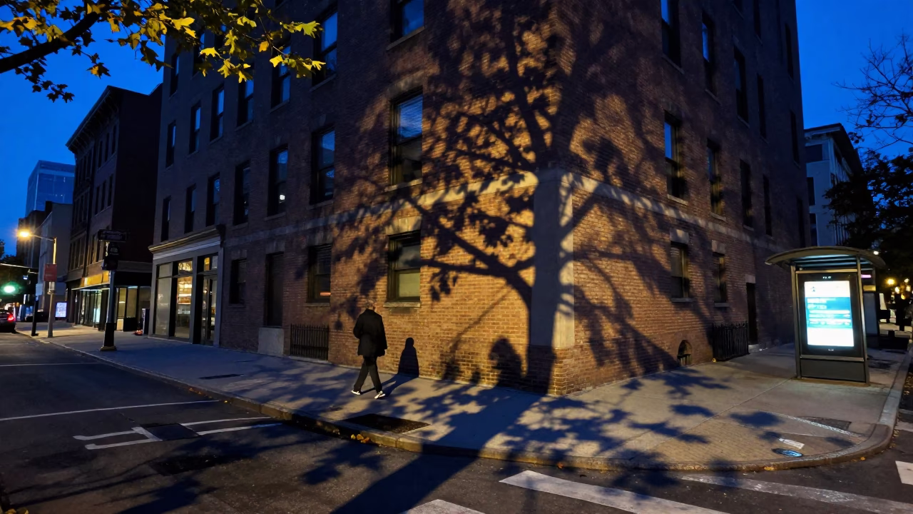 Chicago Blue Hour Street Scene with Leaf Shadows and Urban Architecture in in Chicago, Illinois, United States