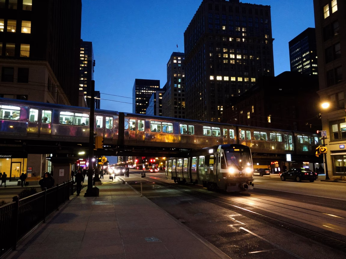 Chicago Blue Hour Street Scene with Monorail and City Lights in in Chicago, Illinois, United States