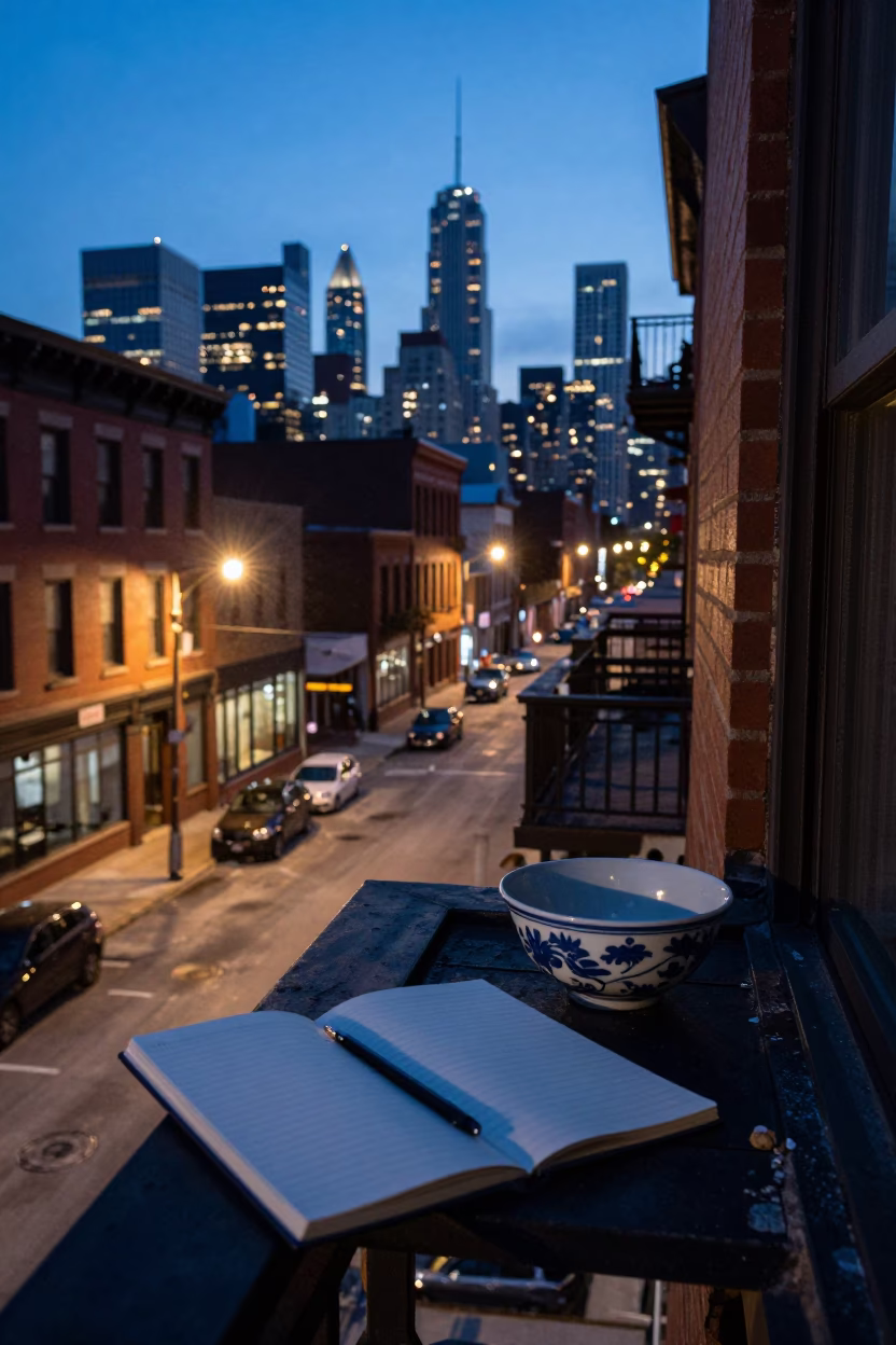 Chicago Blue Hour Street Scene with Notebook and Porcelain Bowl on Balcony in in Chicago, Illinois, United States