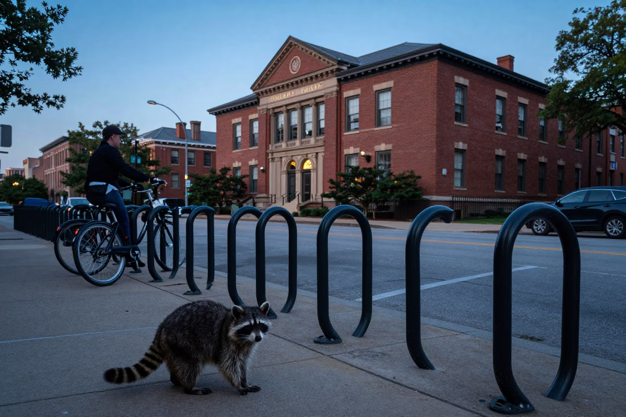 Chicago Blue Hour Street Scene with Raccoon and Campus Bicycle Rack in in Chicago, Illinois, United States