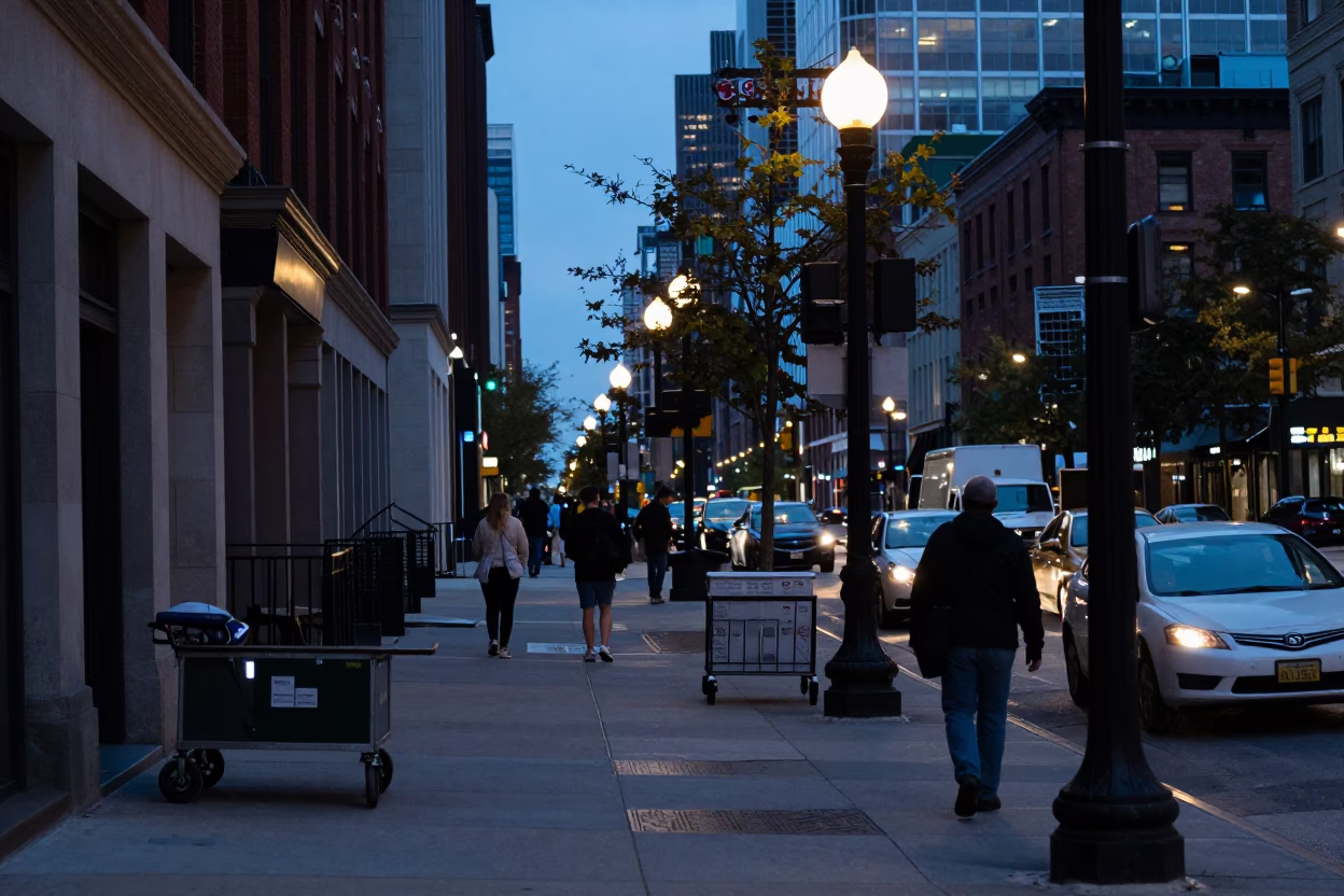 Chicago Blue Hour Street Scene with Rolling Carts and Urban Life in in Chicago, Illinois, United States