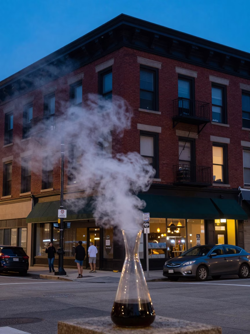 Chicago Blue Hour Street Scene with Steam Haze and Glass Carafe Reflection in in Chicago, Illinois, United States