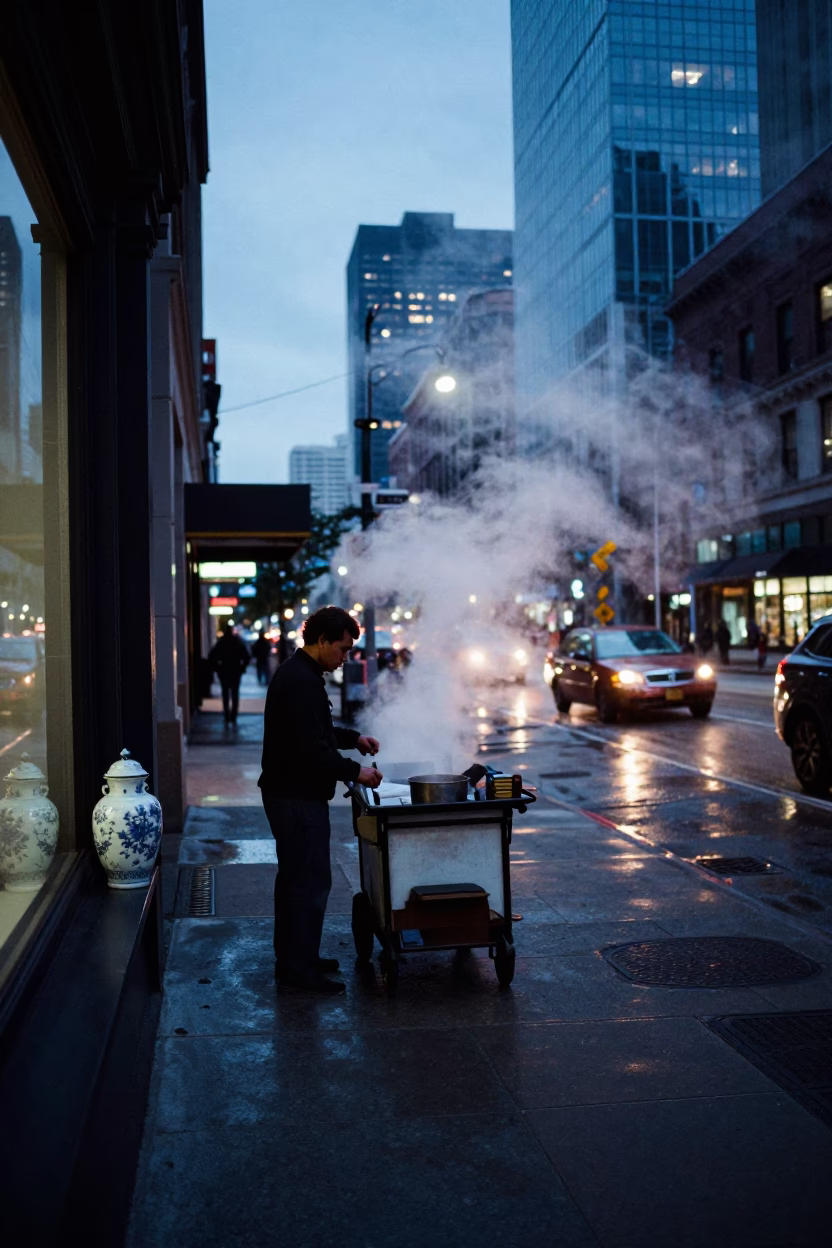 Chicago Blue Hour Street Scene with Steam Haze and Urban Reflections in in Chicago, Illinois, United States