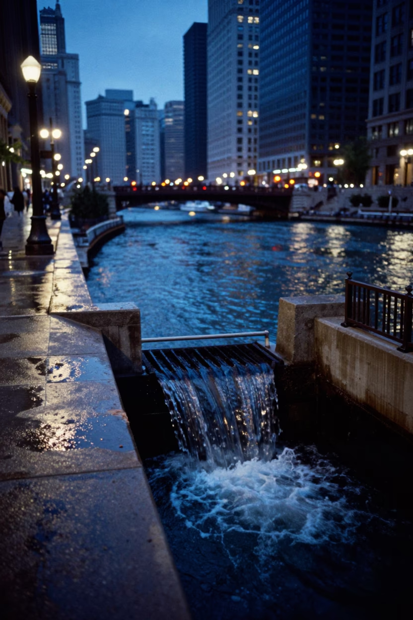 Chicago Blue Hour Street Scene with Storm Drain Outfall and River in in Chicago, Illinois, United States