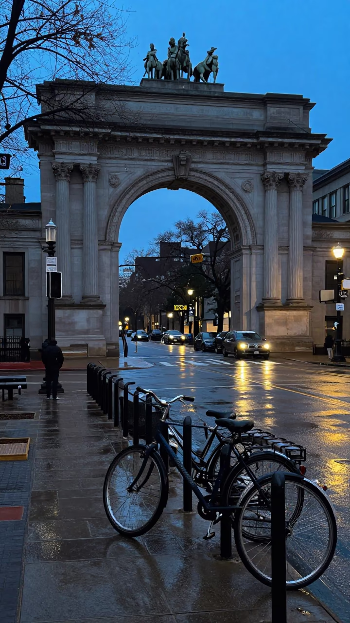 Chicago Blue Hour Street Scene with University Archway and Wet Bicycle Rack in in Chicago, Illinois, United States
