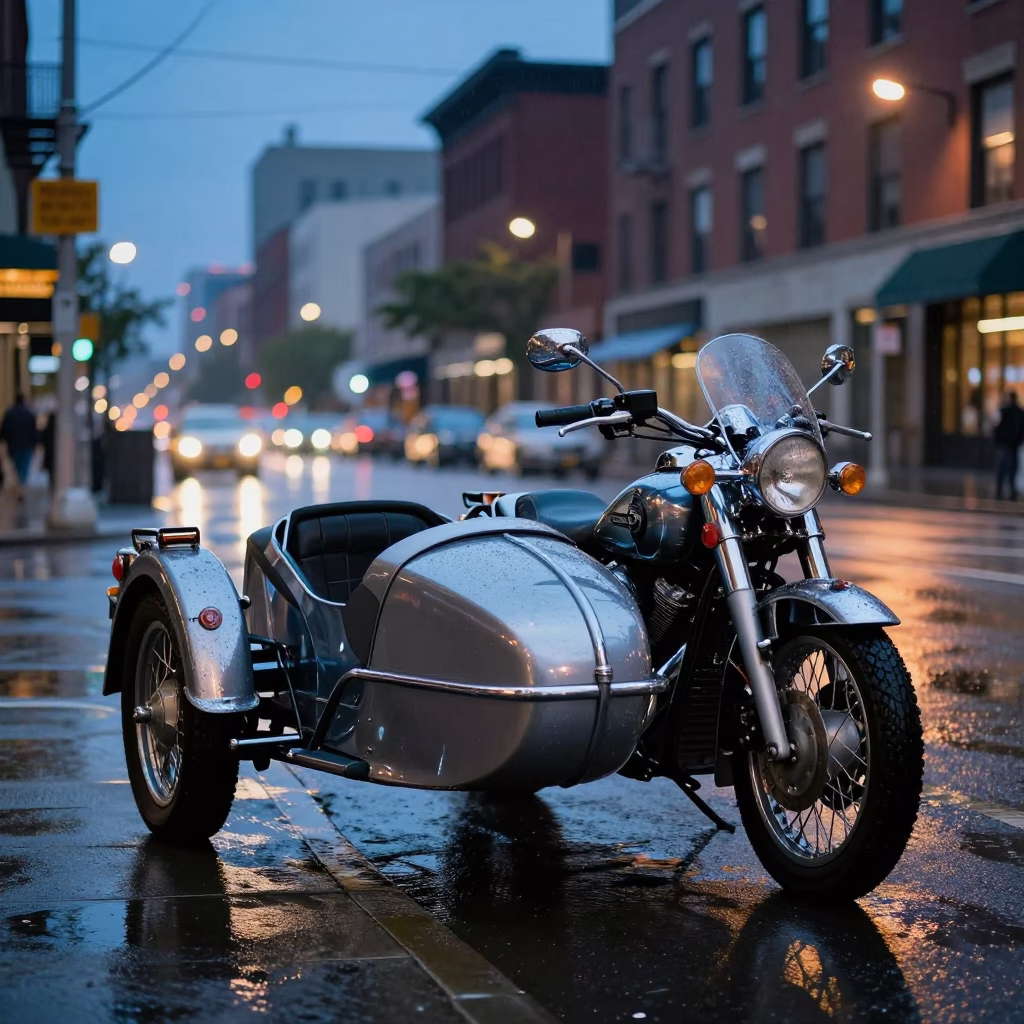 Chicago Blue Hour Street Scene with Vintage Motorcycle and Urban Details in in Chicago, Illinois, United States