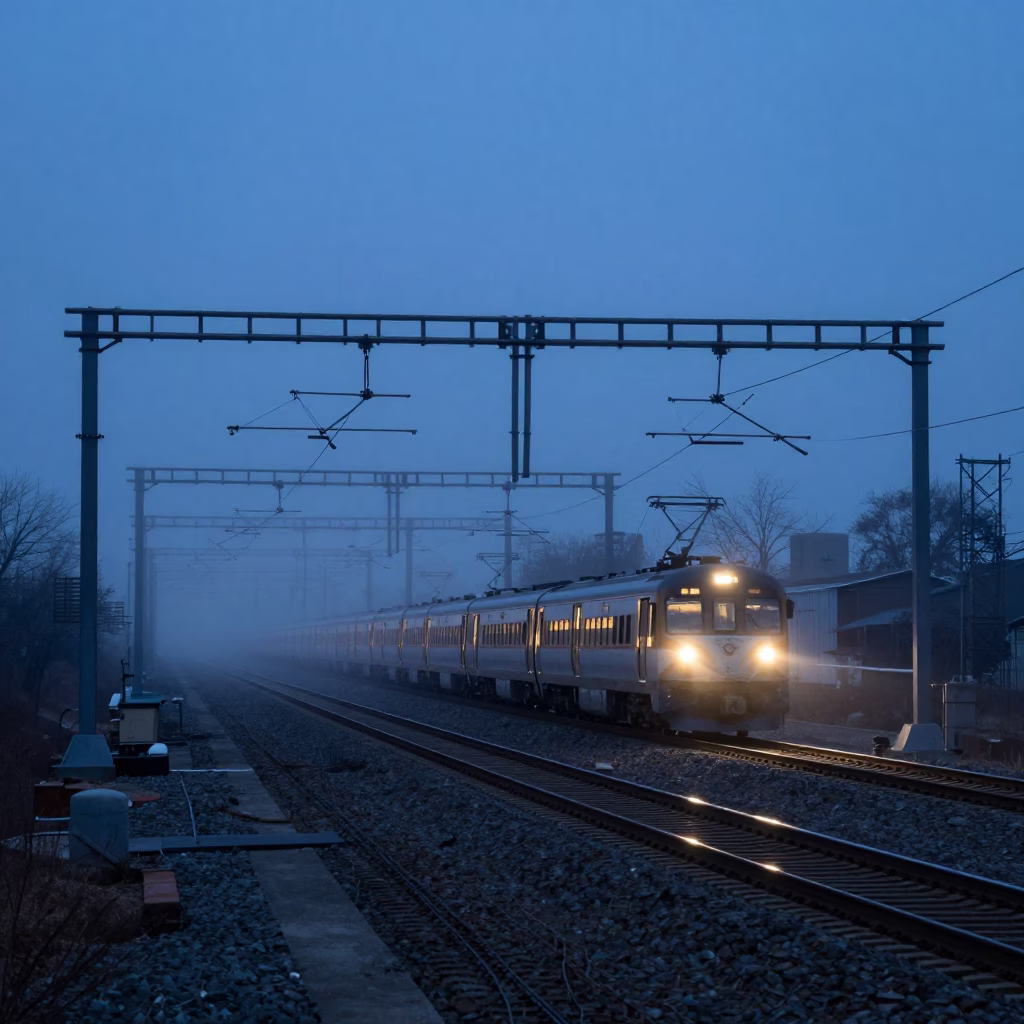 Chicago Blue Hour Train Catenary System Receding Through Industrial Fog at Sunset in in Chicago, Illinois, United States