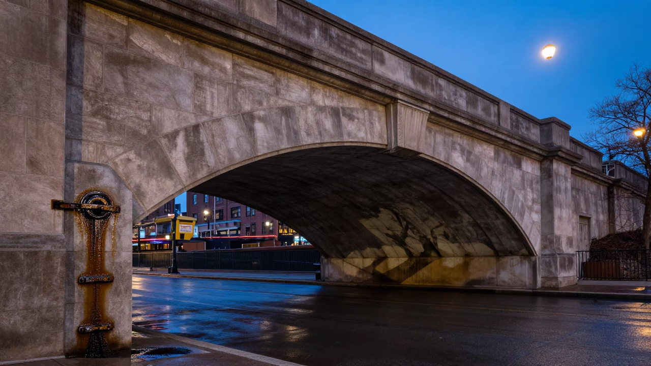 Chicago Blue Hour Viaduct Arch Undercroft Dripping Ferny Stone and Urban Canal Scene in in Chicago, Illinois, United States