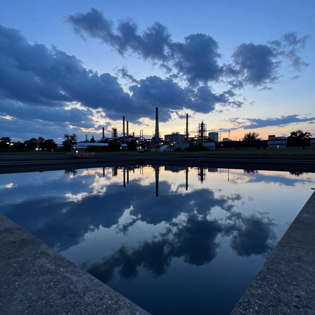 Chicago Blue Hour Water Treatment Basin Reflections with Industrial Clouds in in Chicago, Illinois, United States