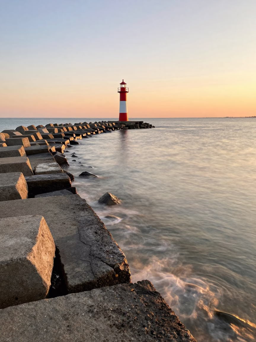 Chicago Breakwater And Harbor Beacon at Golden Hour in in Chicago, Illinois, United States
