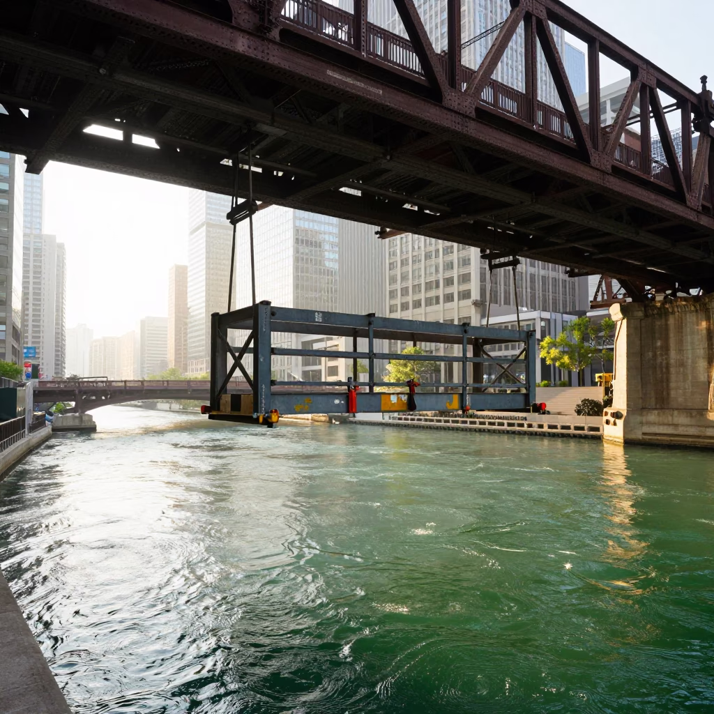 Chicago Bridge Maintenance Cradle Hanging Above Green River Water Just After Sunrise in in Chicago, Illinois, United States