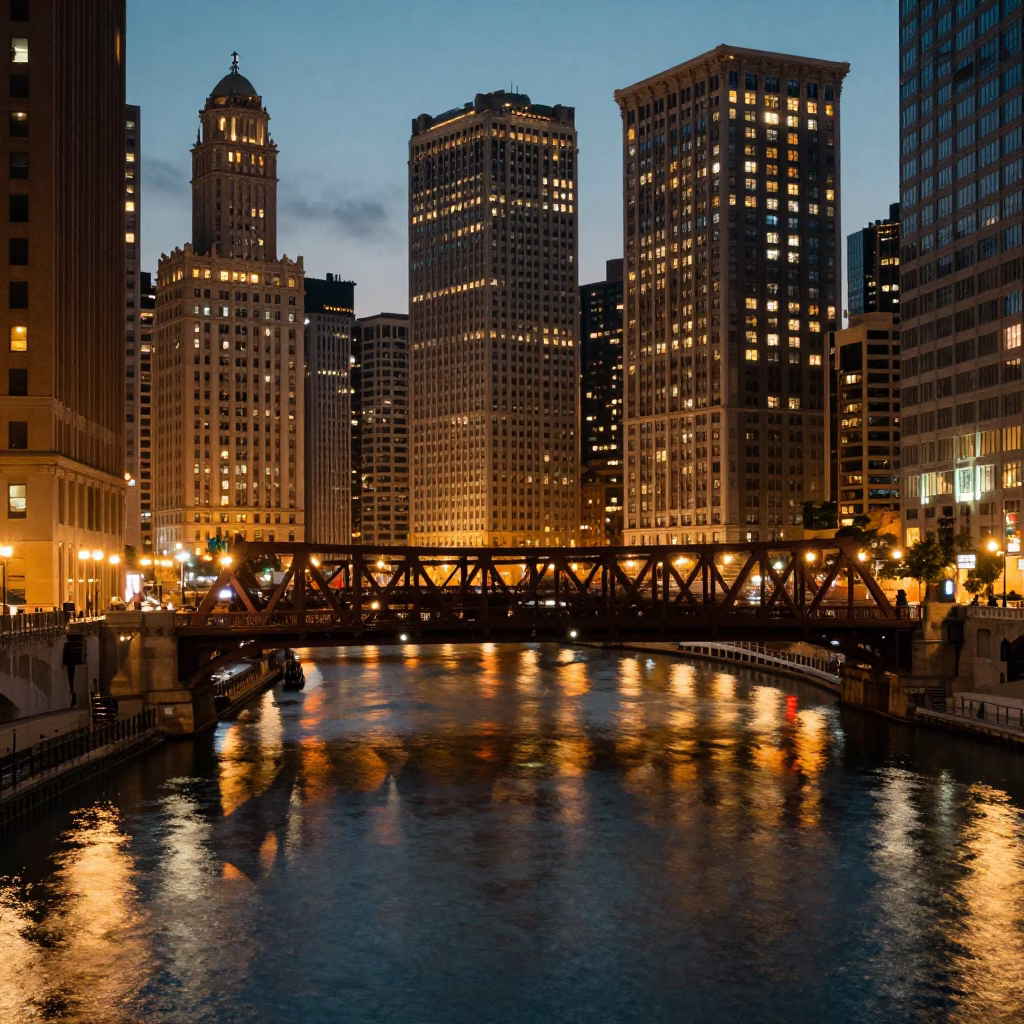 Chicago City Lights Begin to Glow Over the River and Downtown Skyline in in Chicago, Illinois, United States