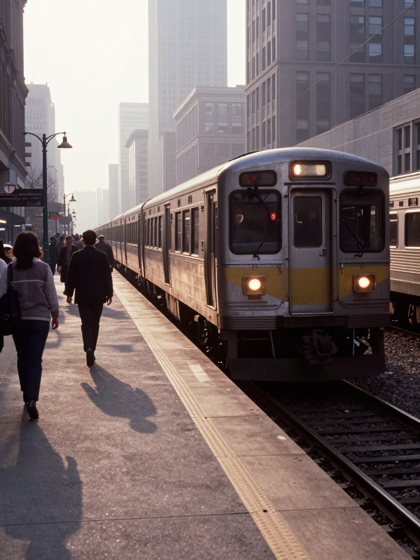 Chicago Commuter Train Arrival at Platform Just After Sunrise with Morning Rush Hour in in Chicago, Illinois, United States