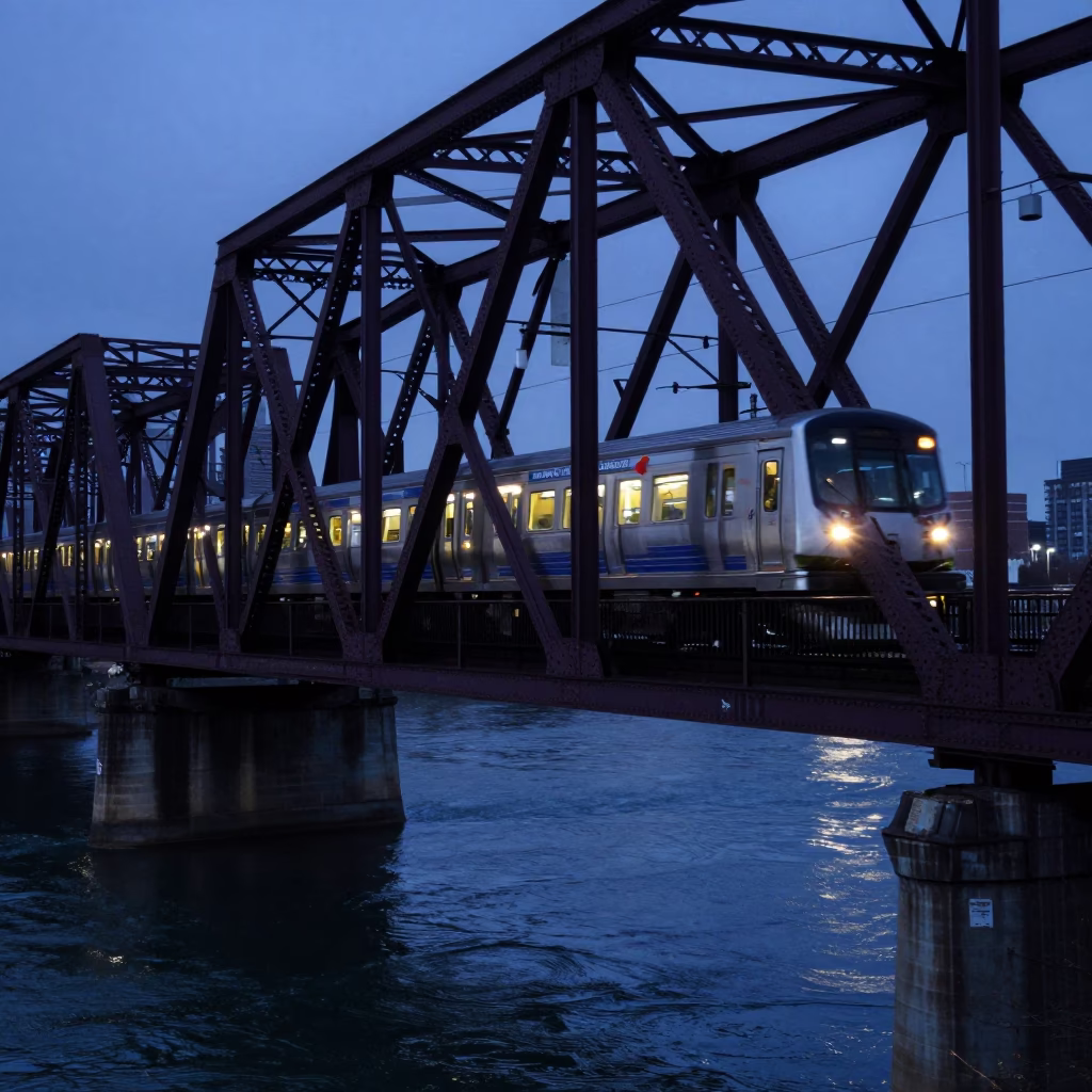 Chicago Commuter Train Crossing Bridge at Blue Hour in Predawn Darkness in in Chicago, Illinois, United States