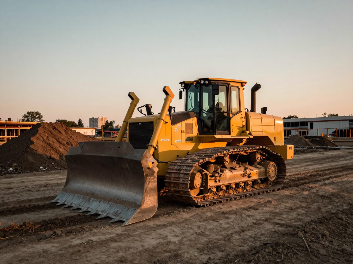 Chicago Construction Site at Dusk with Bulldozer and Urban Skyline in in Chicago, Illinois, United States