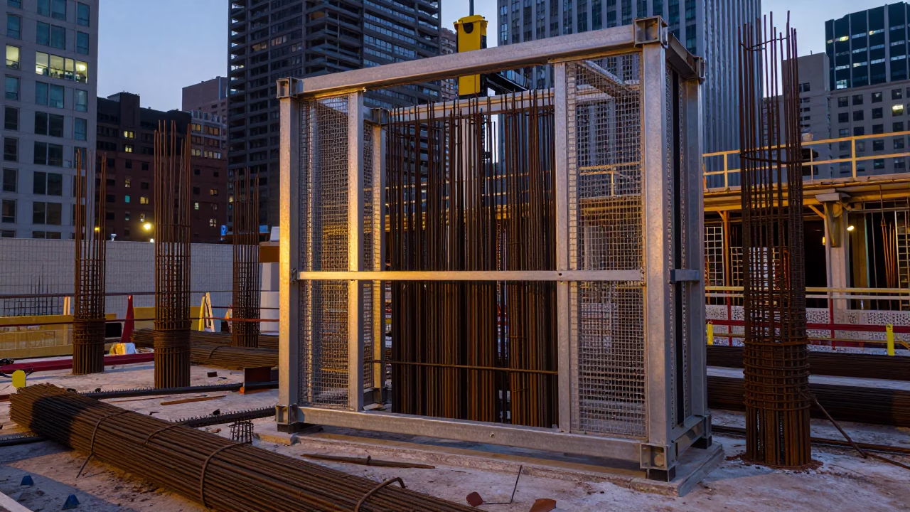 Chicago Construction Site Early Evening Rebar Bundles and Elevator Gate in in Chicago, Illinois, United States