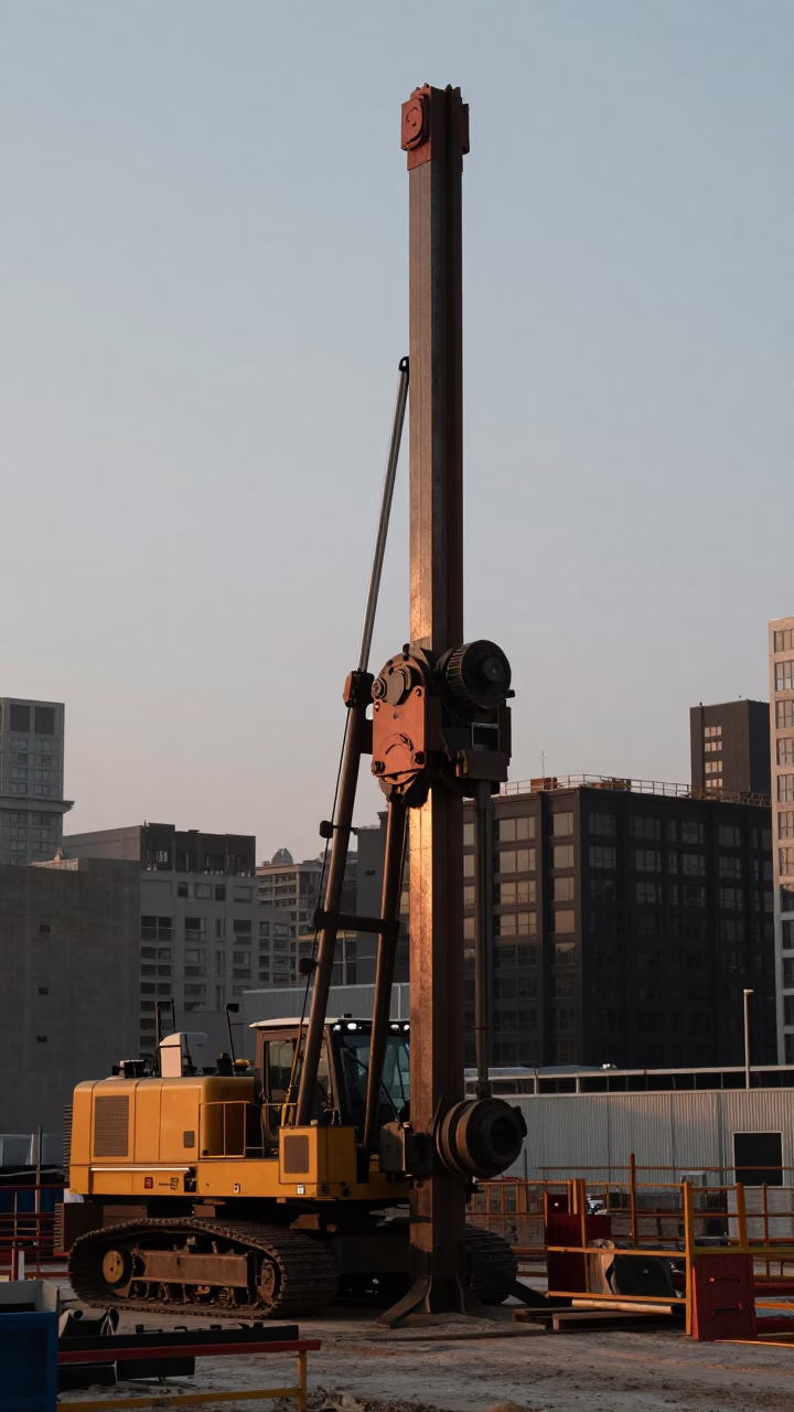 Chicago Construction Site Late Morning Pile Driver and Urban Infrastructure in in Chicago, Illinois, United States