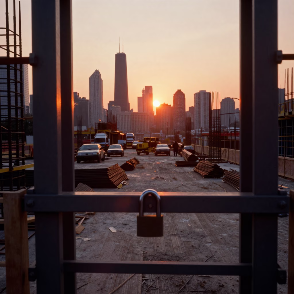 Chicago Construction Site Sunset View with Rebar Bundles and Metal Gate at Dusk in in Chicago, Illinois, United States