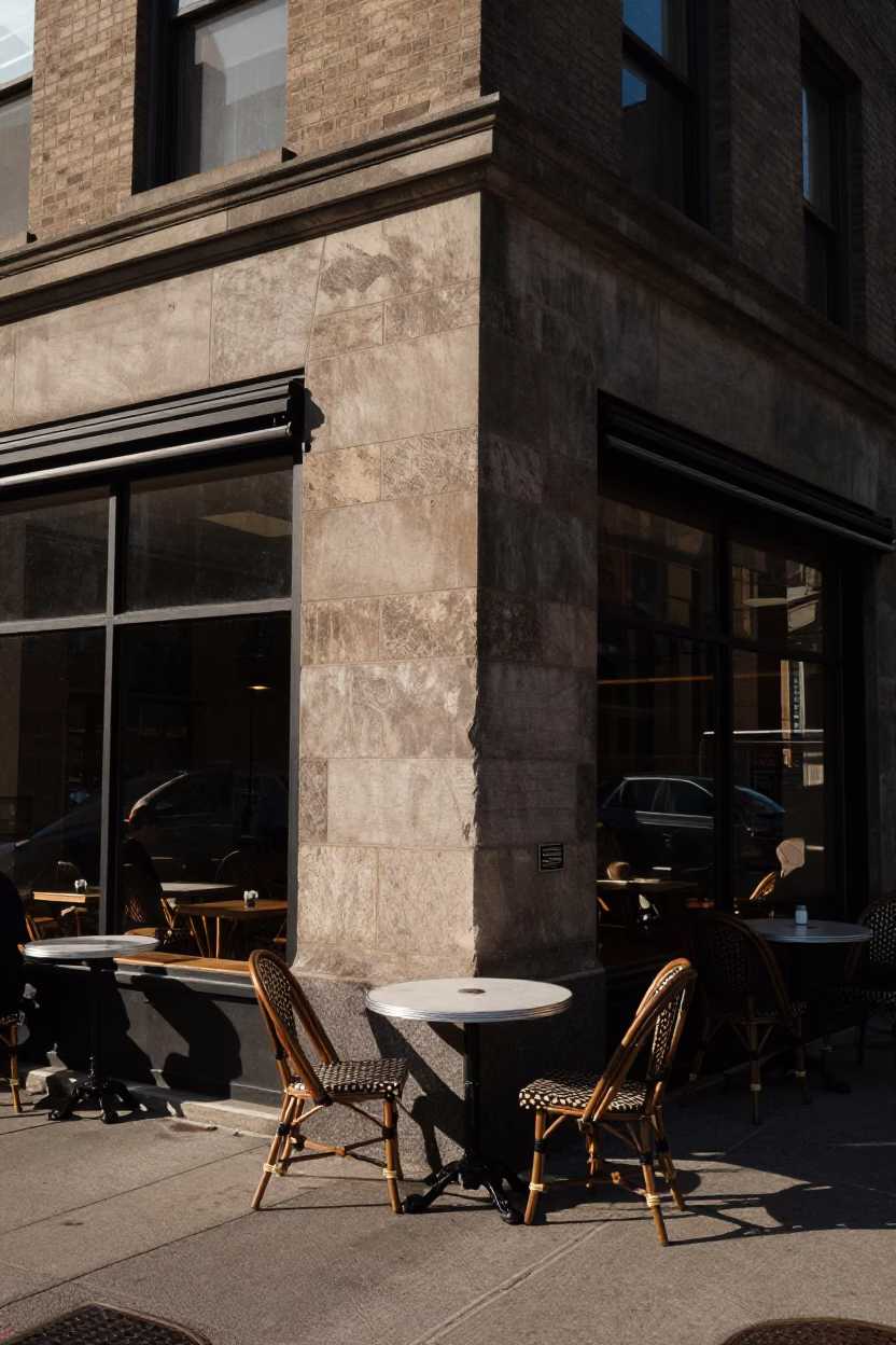 Chicago Corner Cafe at Clear Late-afternoon Light in in Chicago, Illinois, United States
