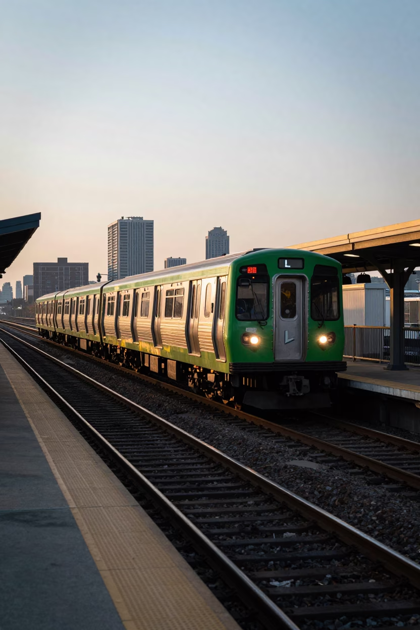 Chicago CTA Green Line Train Arrival at Morning Platform with Commuters and Street Details in in Chicago, Illinois, United States