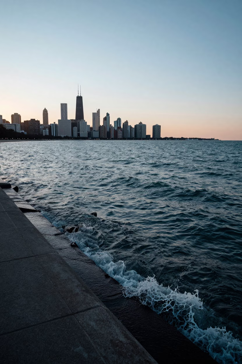 Chicago Dawn Light on Lake Michigan Water and City Skyline Reflections in in Chicago, Illinois, United States