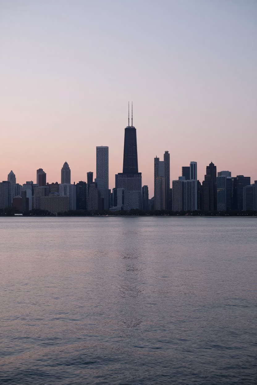 Chicago Dawn Skyline and Lake Michigan Shoreline at First Light Realistic Photograph in in Chicago, Illinois, United States