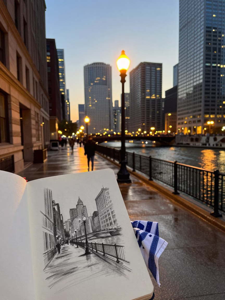 Chicago Dawn Street Scene with Charcoal Sketchbook and Handkerchief in in Chicago, Illinois, United States