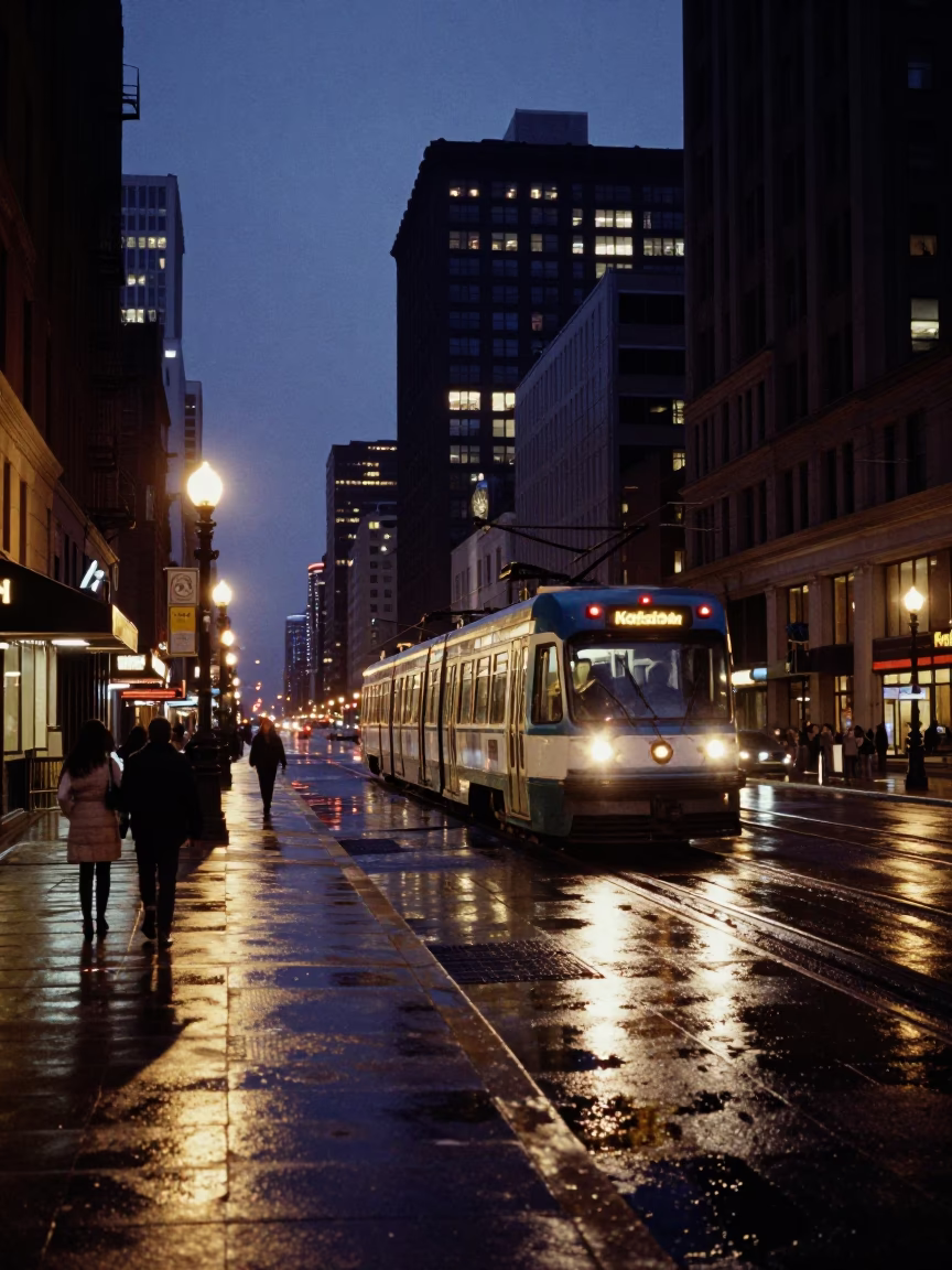 Chicago Dawn Street Scene with Monorail and Pier Details in in Chicago, Illinois, United States