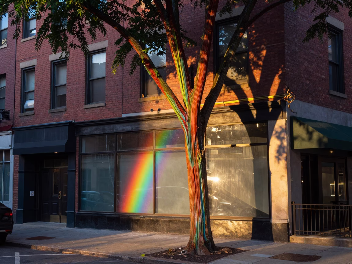 Chicago Dawn Street Scene with Rainbow Eucalyptus and Glass Architecture in in Chicago, Illinois, United States