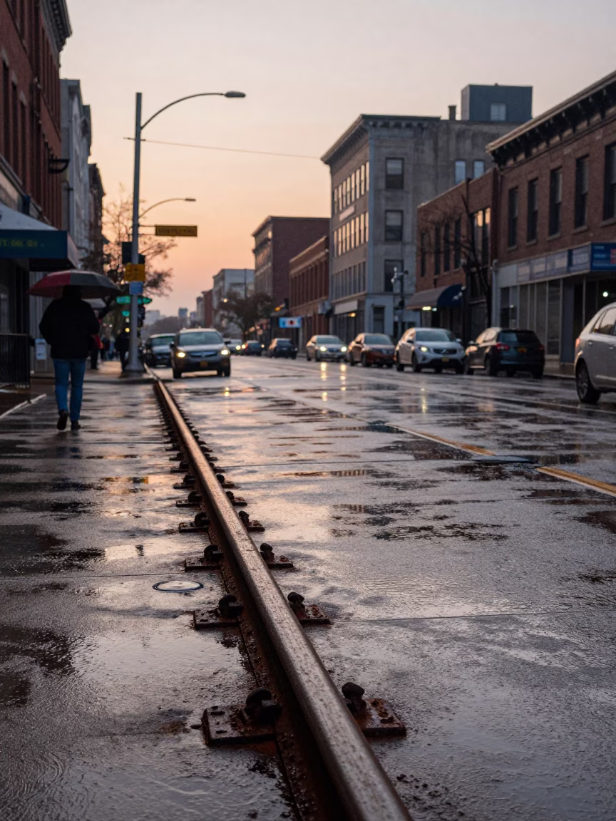 Chicago Dawn Street Scene with Rusty Rail and Rain Boots in in Chicago, Illinois, United States