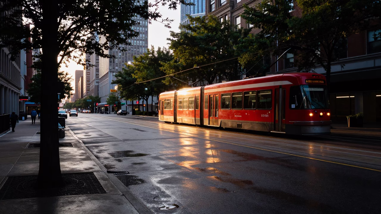 Chicago Dawn Street Scene with Tramcar and Door Latch Detail in in Chicago, Illinois, United States
