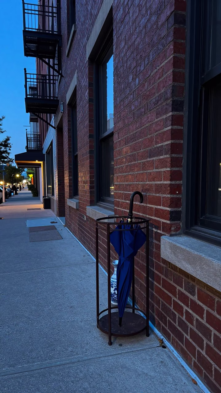 Chicago Dawn Street Scene with Umbrella Stand and Porcelain Plate in in Chicago, Illinois, United States