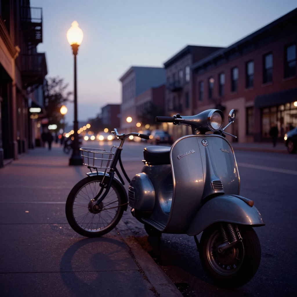 Chicago Dawn Street Scene with Vintage Vespa and Bicycle Near Lake Michigan in in Chicago, Illinois, United States