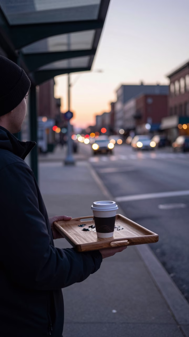 Chicago Dawn Street Scene with Wooden Tray and Paint Flecks on Handle in in Chicago, Illinois, United States