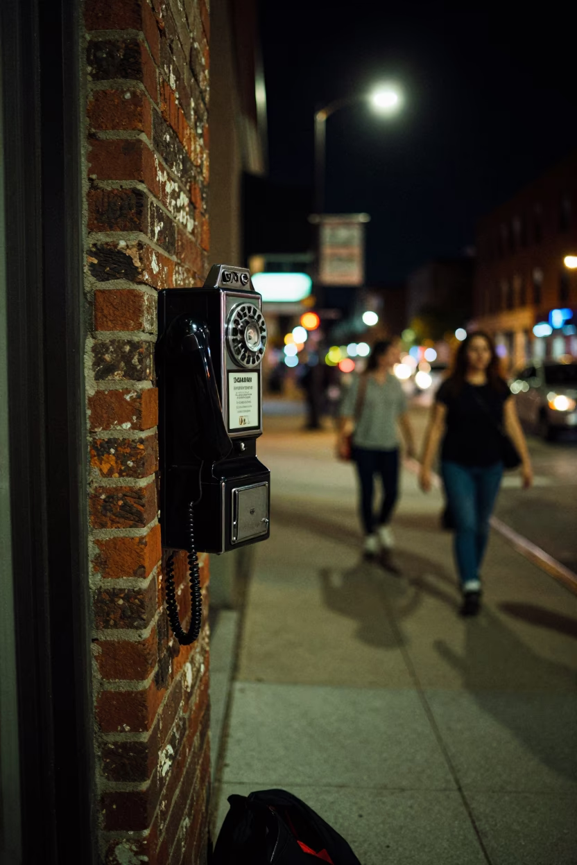 Chicago Deep Night Street Scene with Vintage Bakelite Telephone and Urban Elements in in Chicago, Illinois, United States