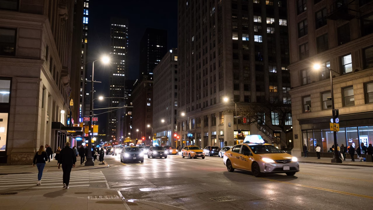 Chicago Deep Night Street Scene with Water Taxi and Urban Reflections in in Chicago, Illinois, United States
