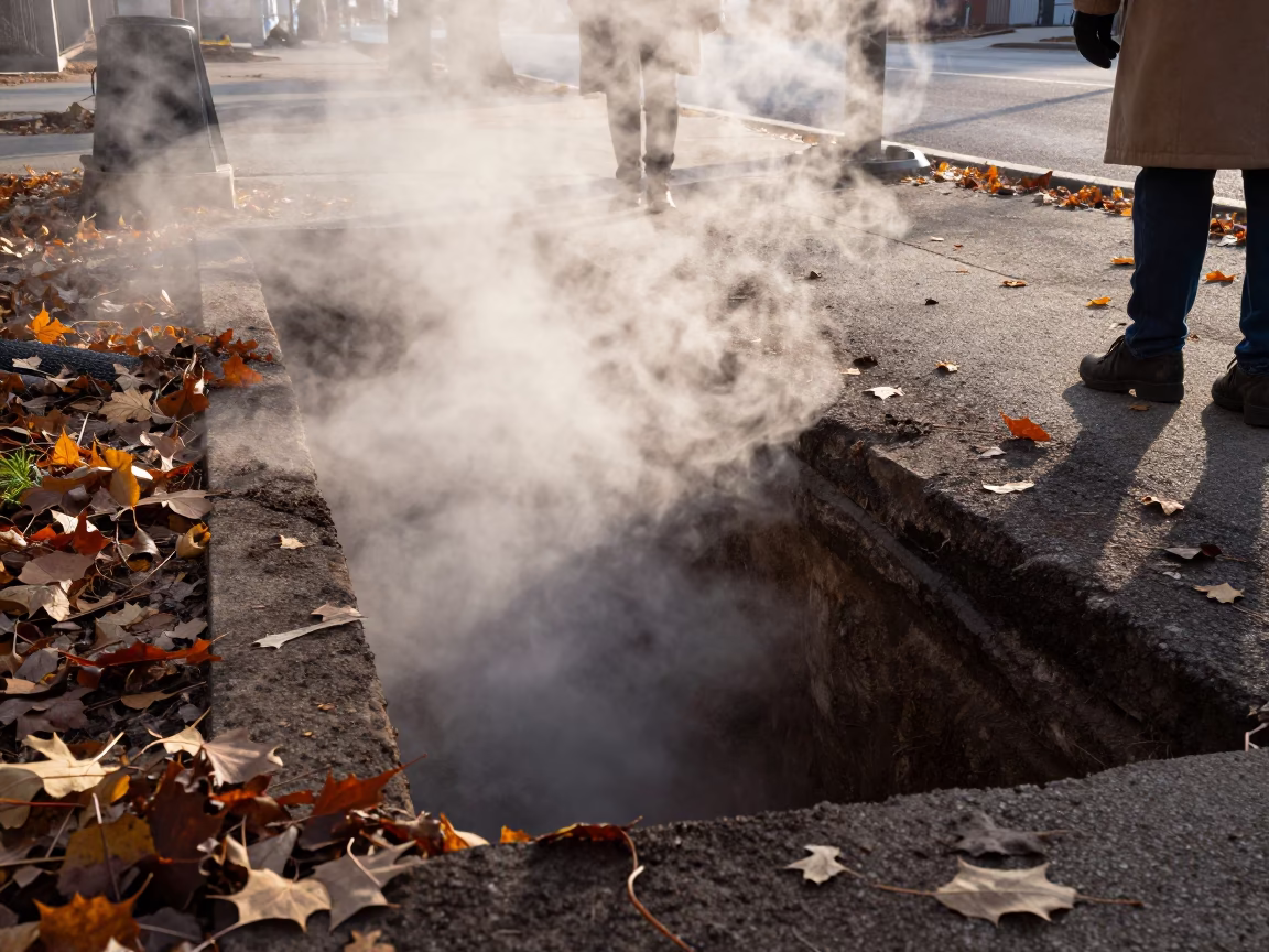 Chicago District Heating Pipe Trench Steaming Through Autumn Leaves Just After Sunrise in in Chicago, Illinois, United States