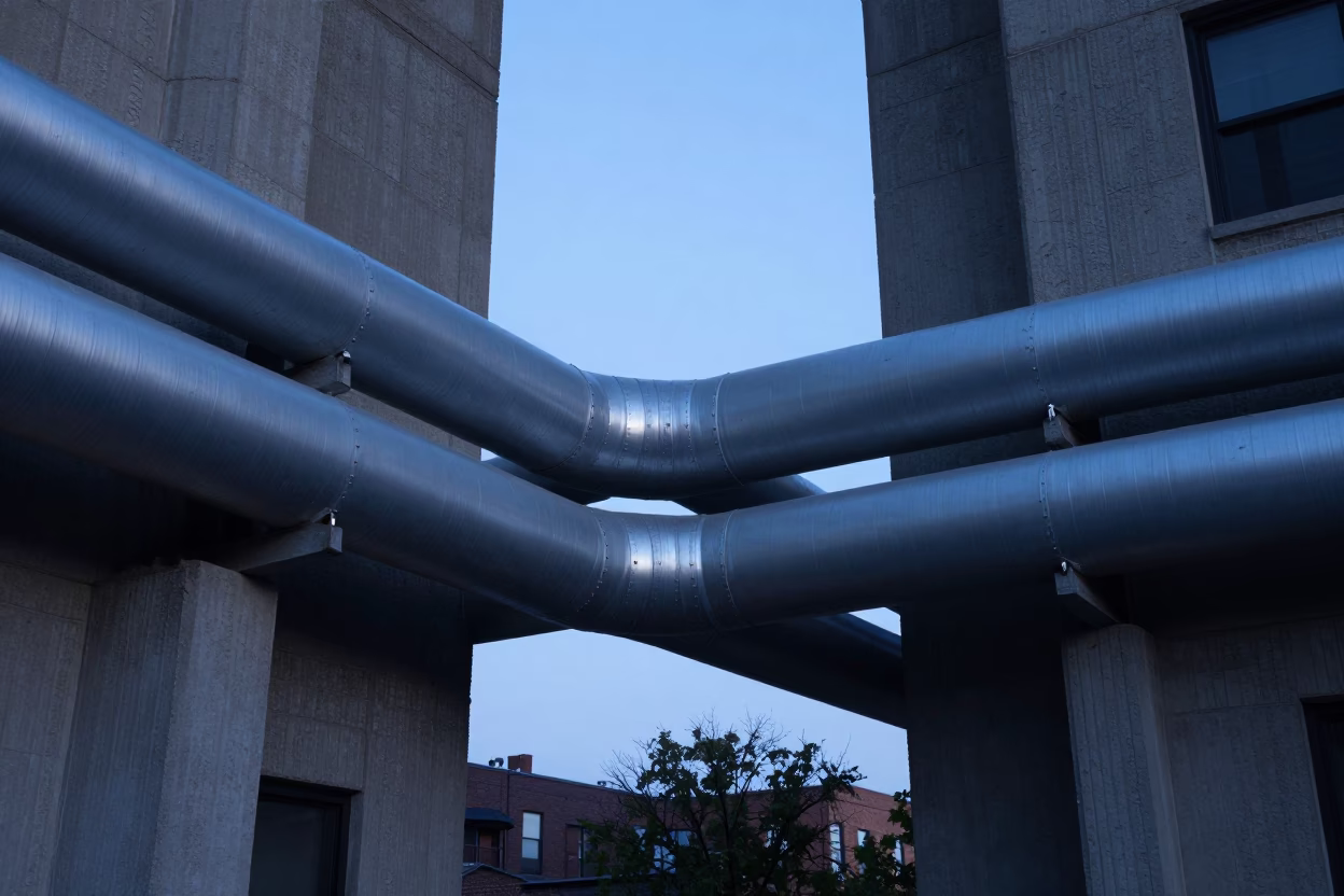 Chicago District Heating Pipes Between Concrete Apartment Blocks Under Evening Blue Light in in Chicago, Illinois, United States