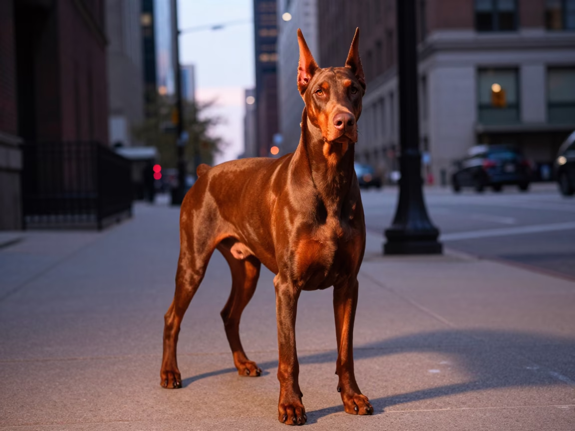 Chicago Doberman Pinscher in Copper Dusk Light on Urban Street in in Chicago, Illinois, United States