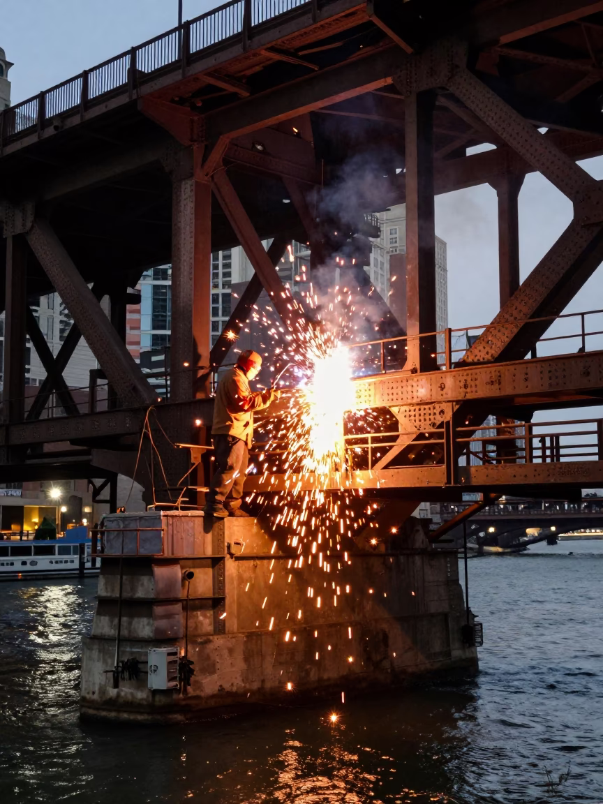 Chicago Dusk Construction Welding Sparks Beneath Bridge Steel Framework in in Chicago, Illinois, United States