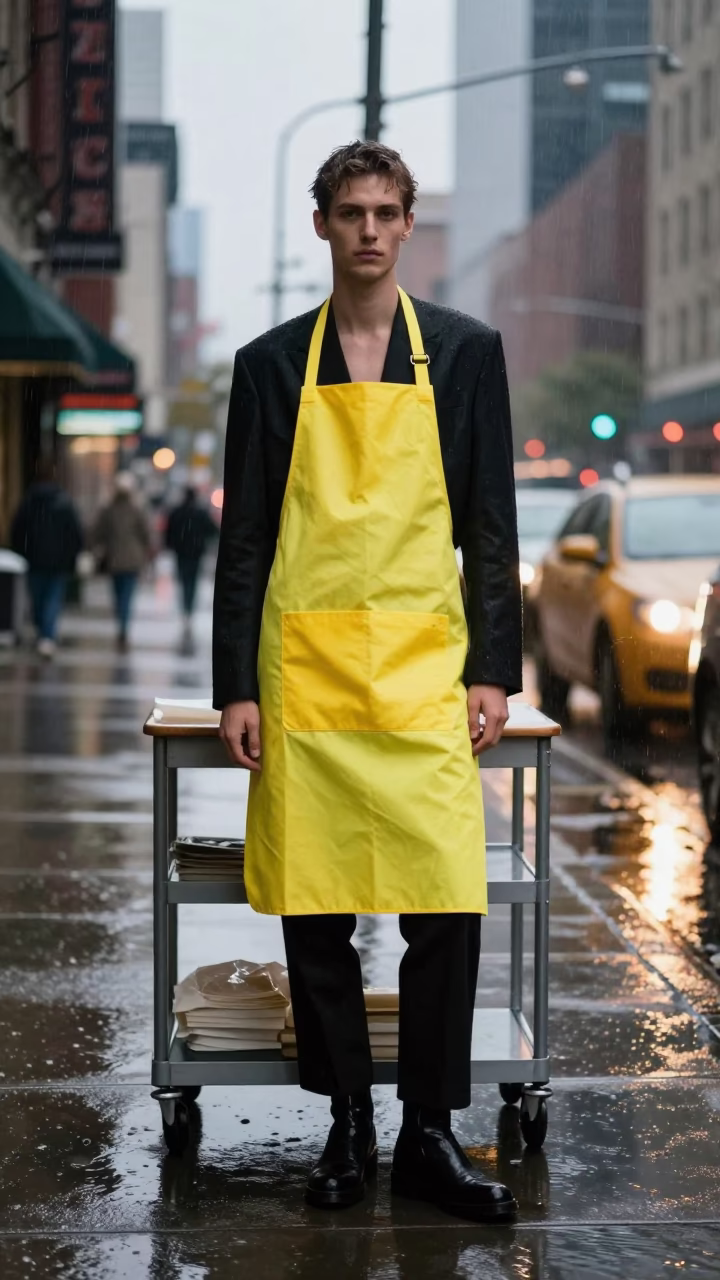 Chicago Dusk Light Rain Street Fashion Model Apron and Rolling Cart in in Chicago, Illinois, United States