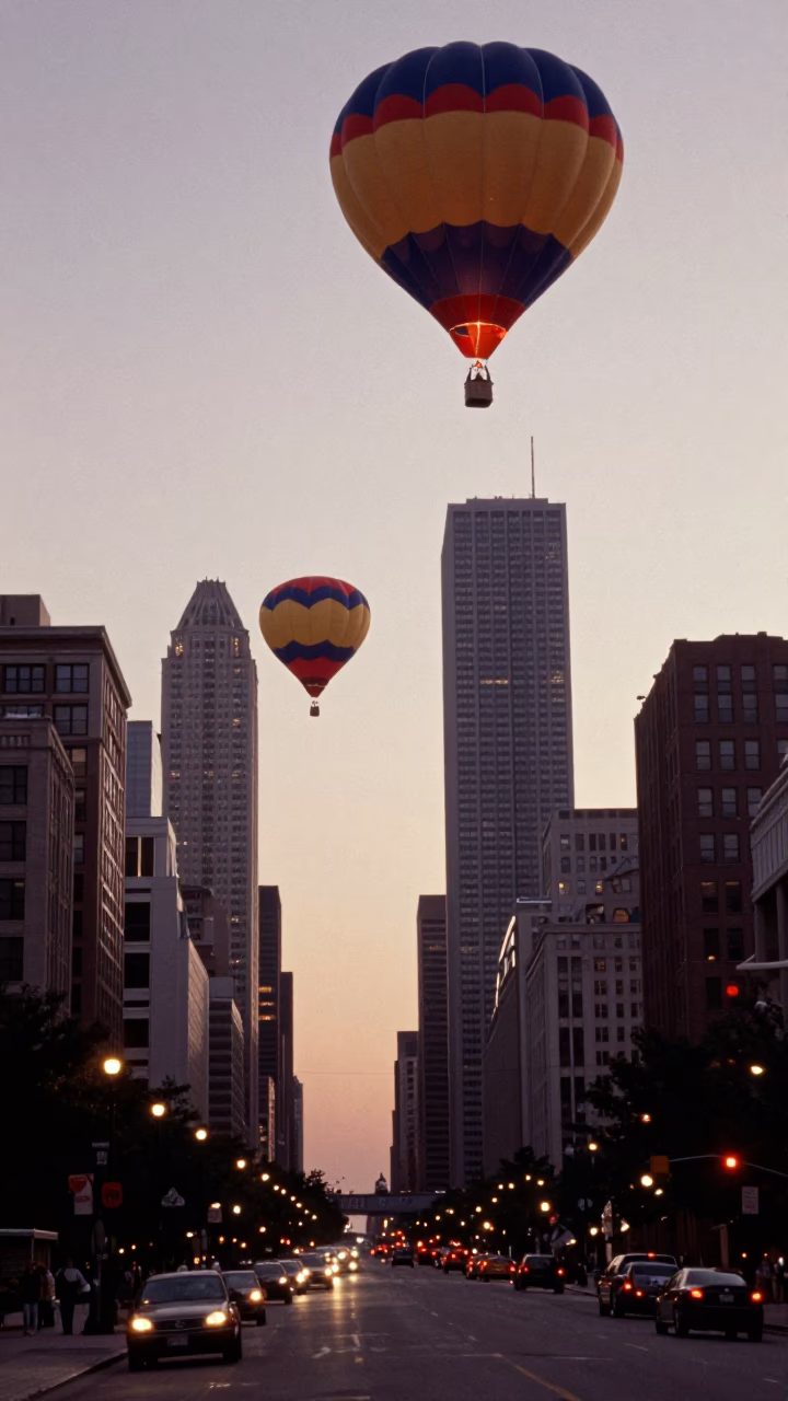 Chicago Dusk Street Scene with Hot Air Balloon Fleet and Urban Architecture in in Chicago, Illinois, United States