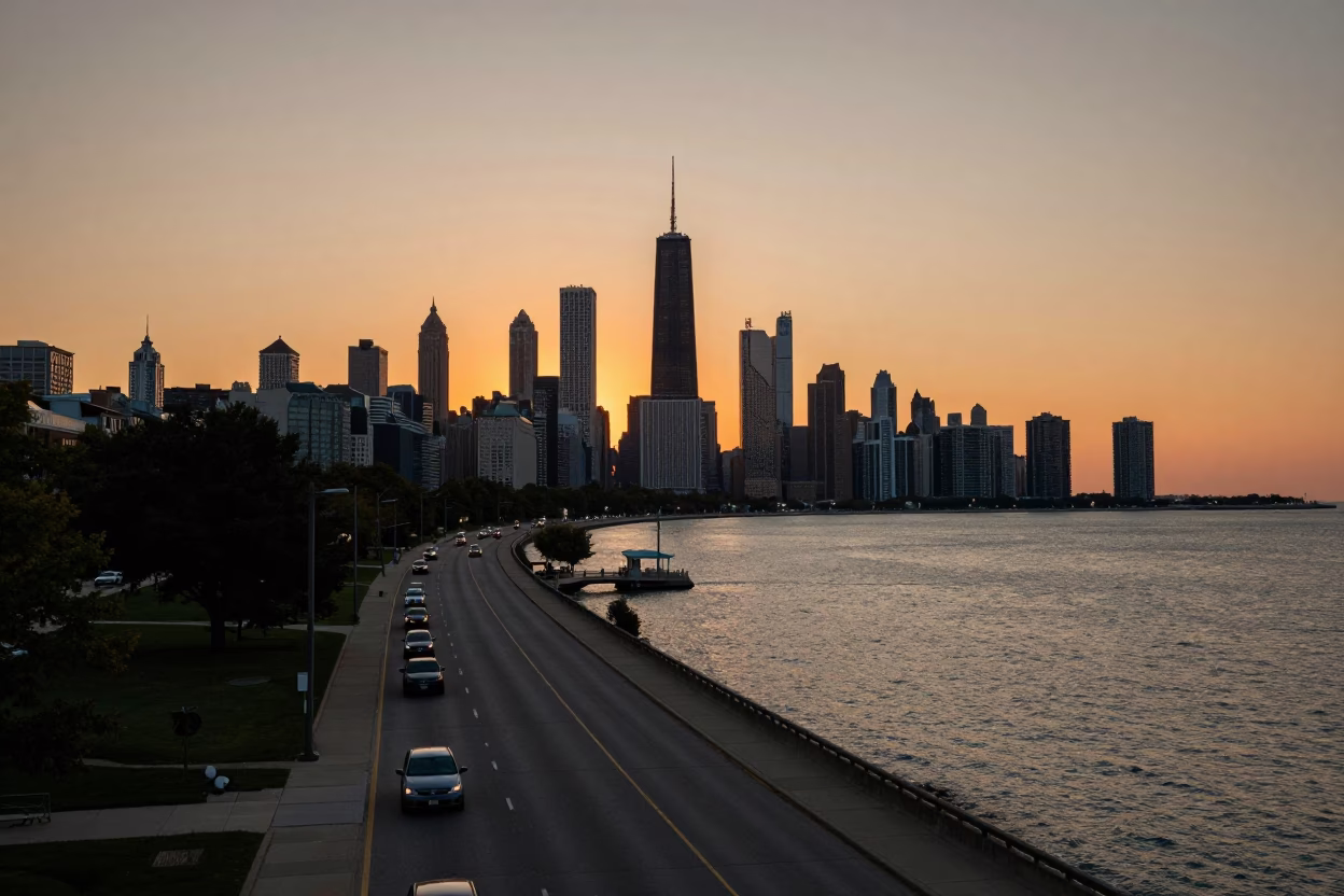 Chicago Dusk View of Lake Shore Drive and Skyline with Commuters in in Chicago, Illinois, United States